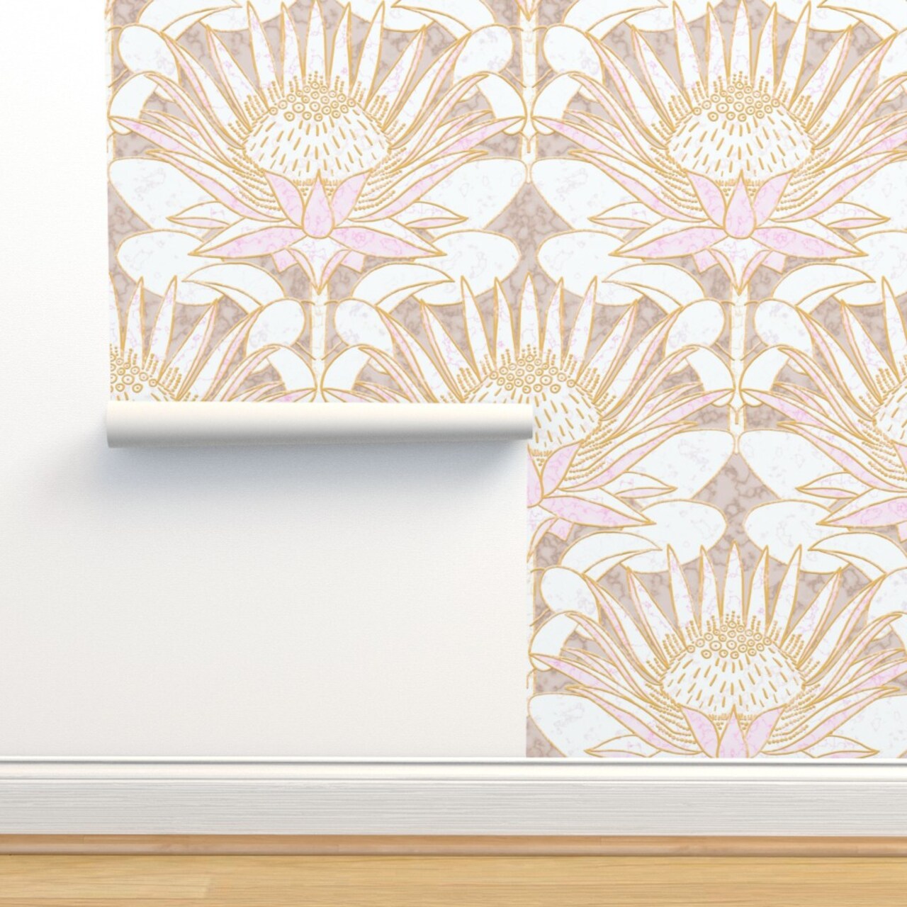 Art Deco Floral Damask Large Scale Art Nouveau Champagne Beige Custom Pre-pasted Wallpaper by Spoonflower Pre-Pasted Wallpaper 2FT Wide